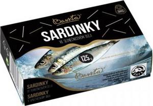 Sardinky v slnečnicovom oleji 125g /pp 90g/ plech Bassta - ampiňóny sterilizované krájané 2550g /PP 1200g/ plech Bassta