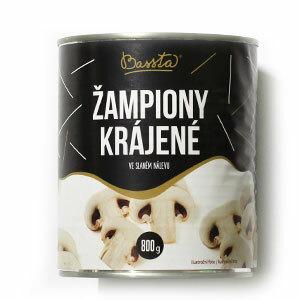 Šampiňóny sterilizované krájané 800g /PP 420g/ plech Bassta - elenina miešaná kusová pikantná 1,1kg /PP600g/ vedierko GTN