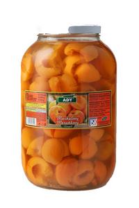 Kompót marhuľový 3720ml, 3500g /PP1550g/ sklo Ady - livy čierne krájané 3000g /PP 1560g/ plech Bassta